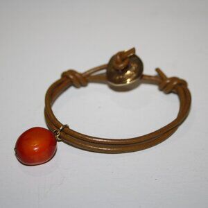 Brown leather and orange bead Athens Protasis Bracelet 6.5"